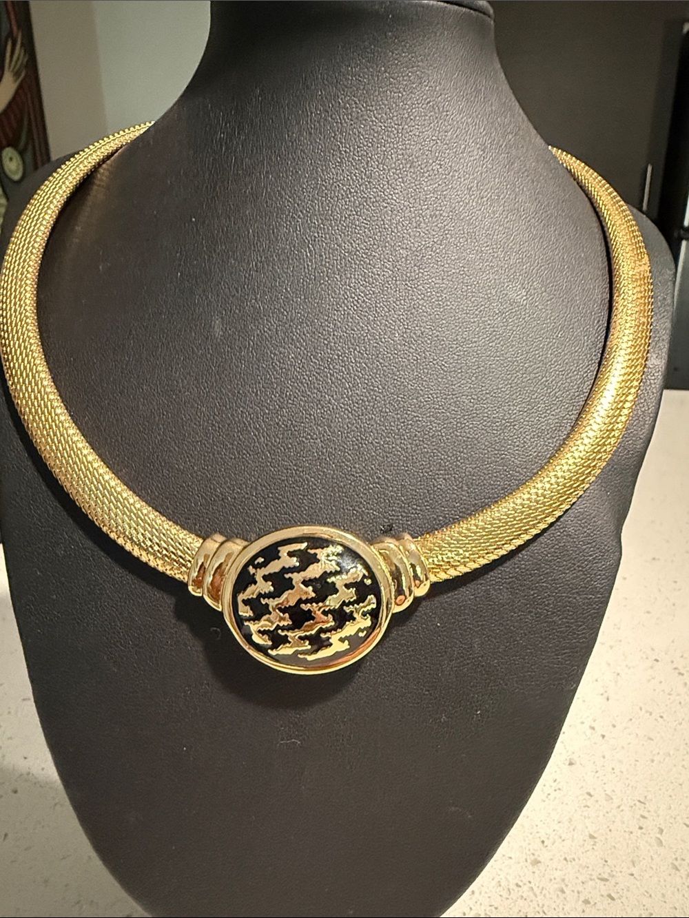 Vintage Dior Black Gold Mesh Collar Necklace with Black Houndstooth Medallion